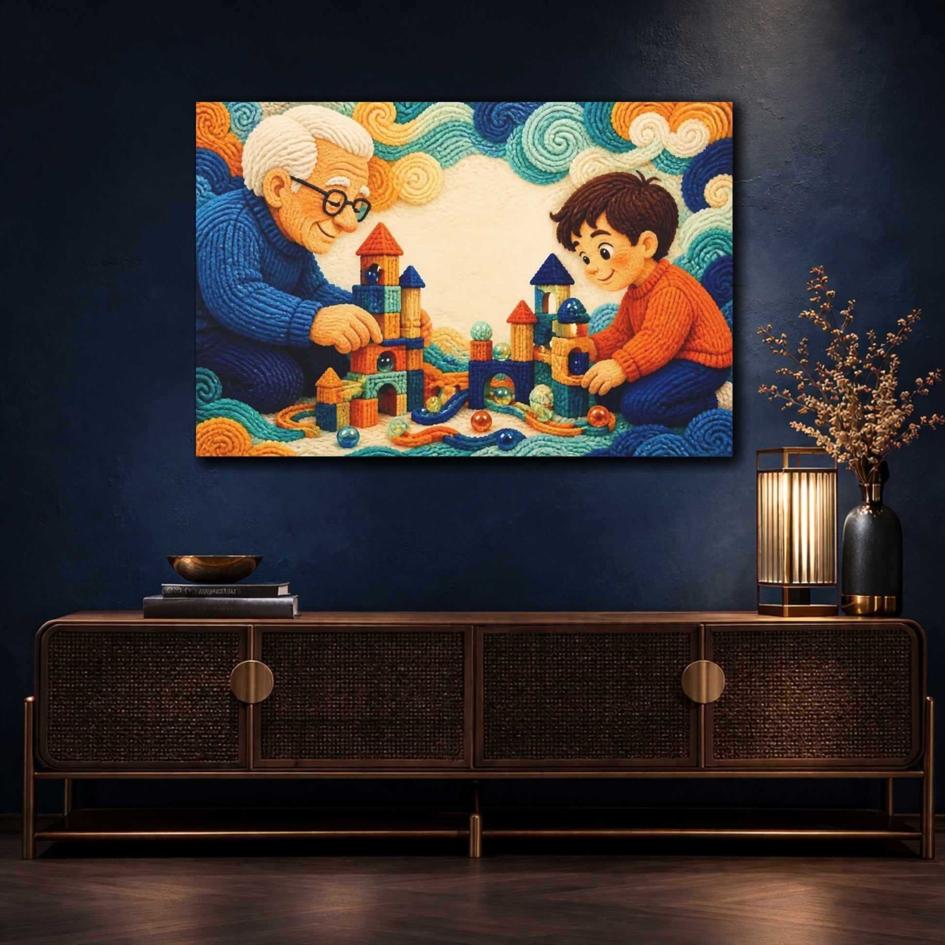Mockup 4. Knitted Grandparent And Child shown as canvas print