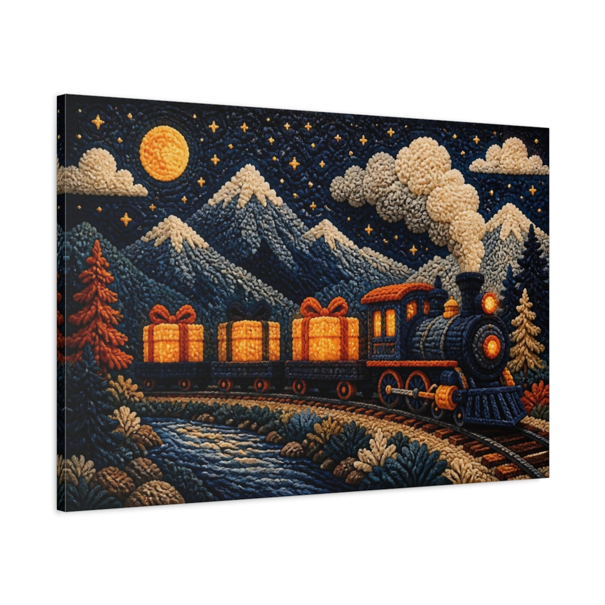 Main Mockup. Knitted Train With Gifts shown as canvas print