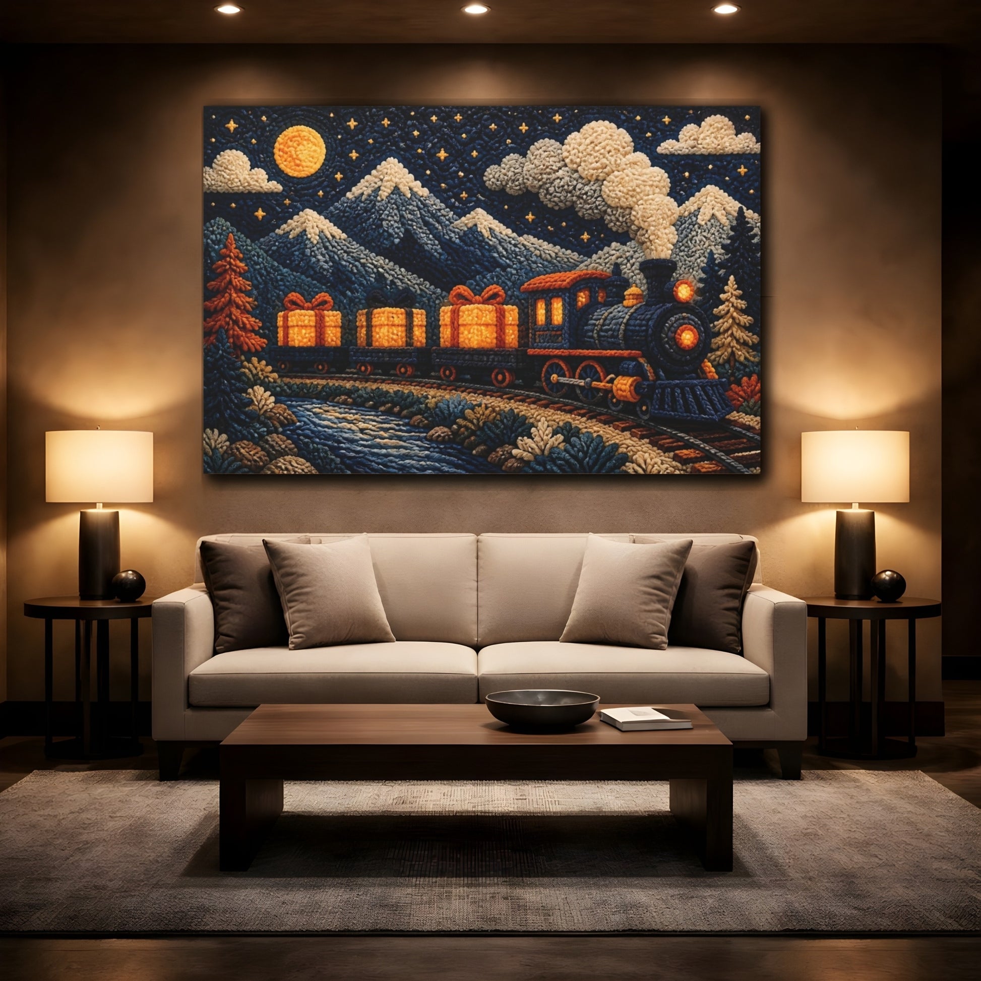 Mockup 2. Knitted Train With Gifts shown as canvas print