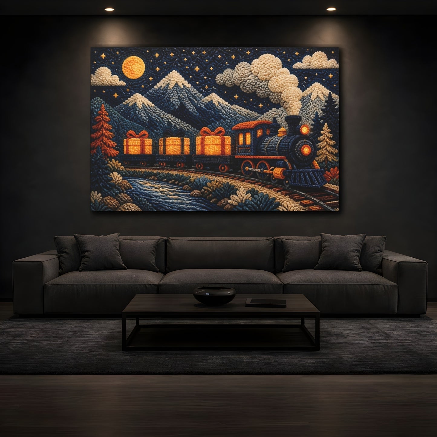 Mockup 3. Knitted Train With Gifts shown as canvas print