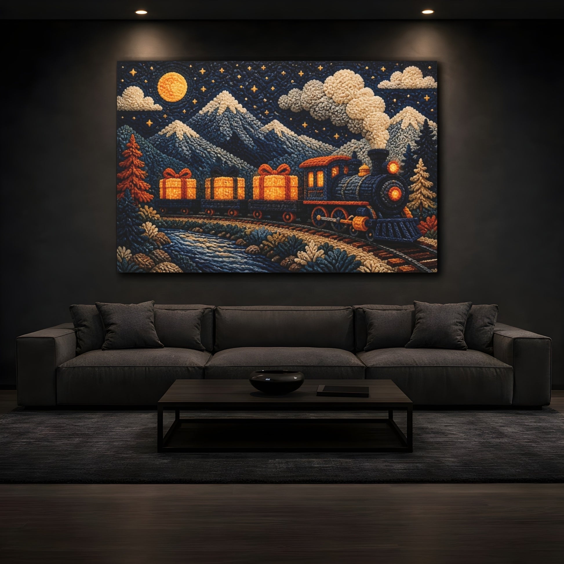 Mockup 3. Knitted Train With Gifts shown as canvas print