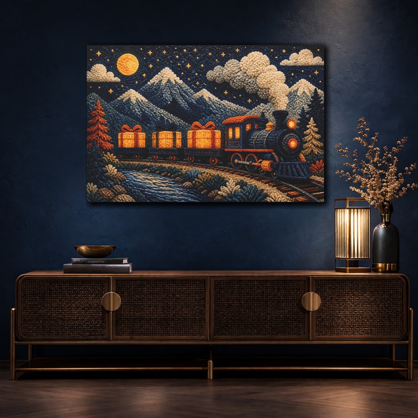 Mockup 4. Knitted Train With Gifts shown as canvas print