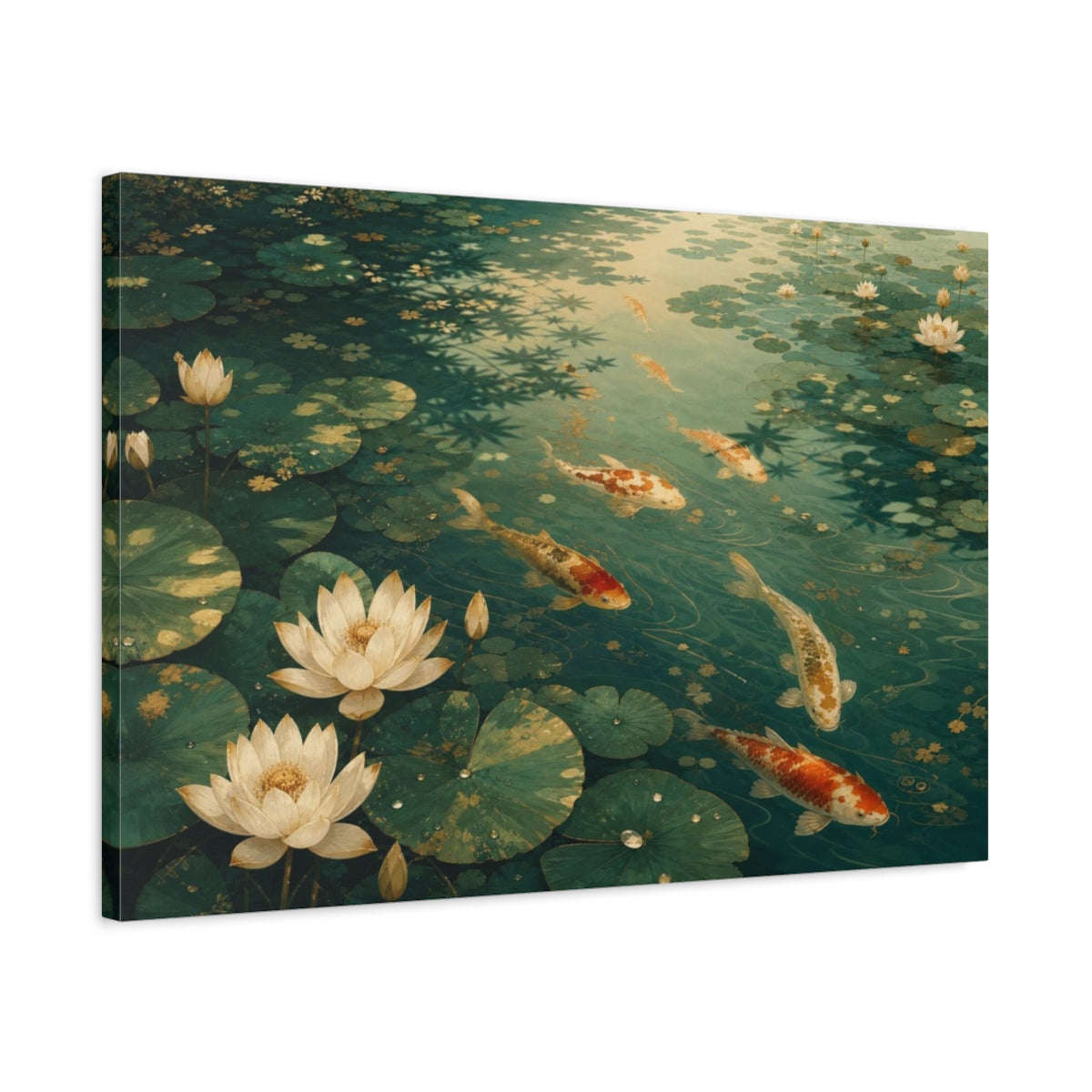 Side Mockup 2. Koi And Lotus Pond shown as canvas print
