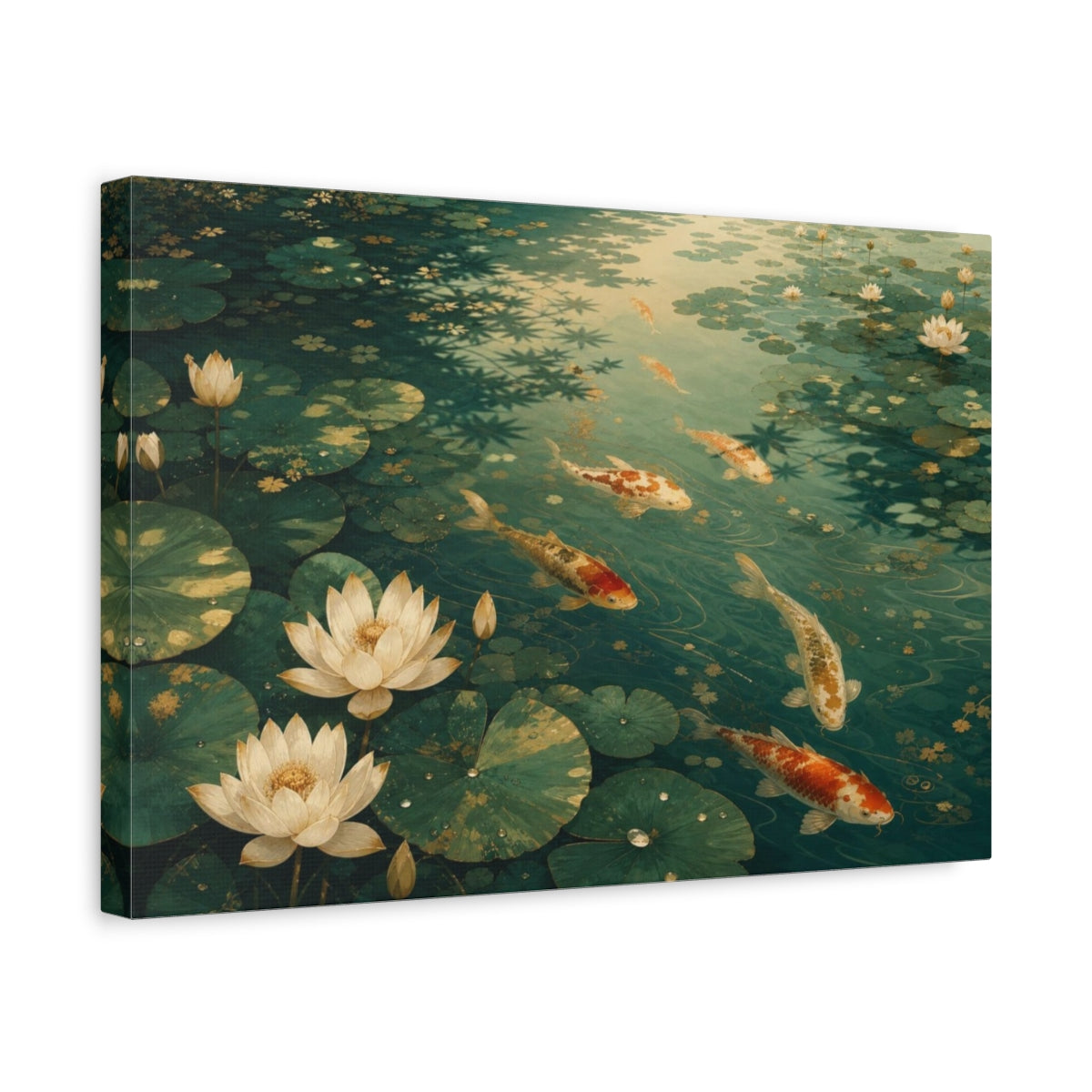 Side Mockup 4. Koi And Lotus Pond shown as canvas print