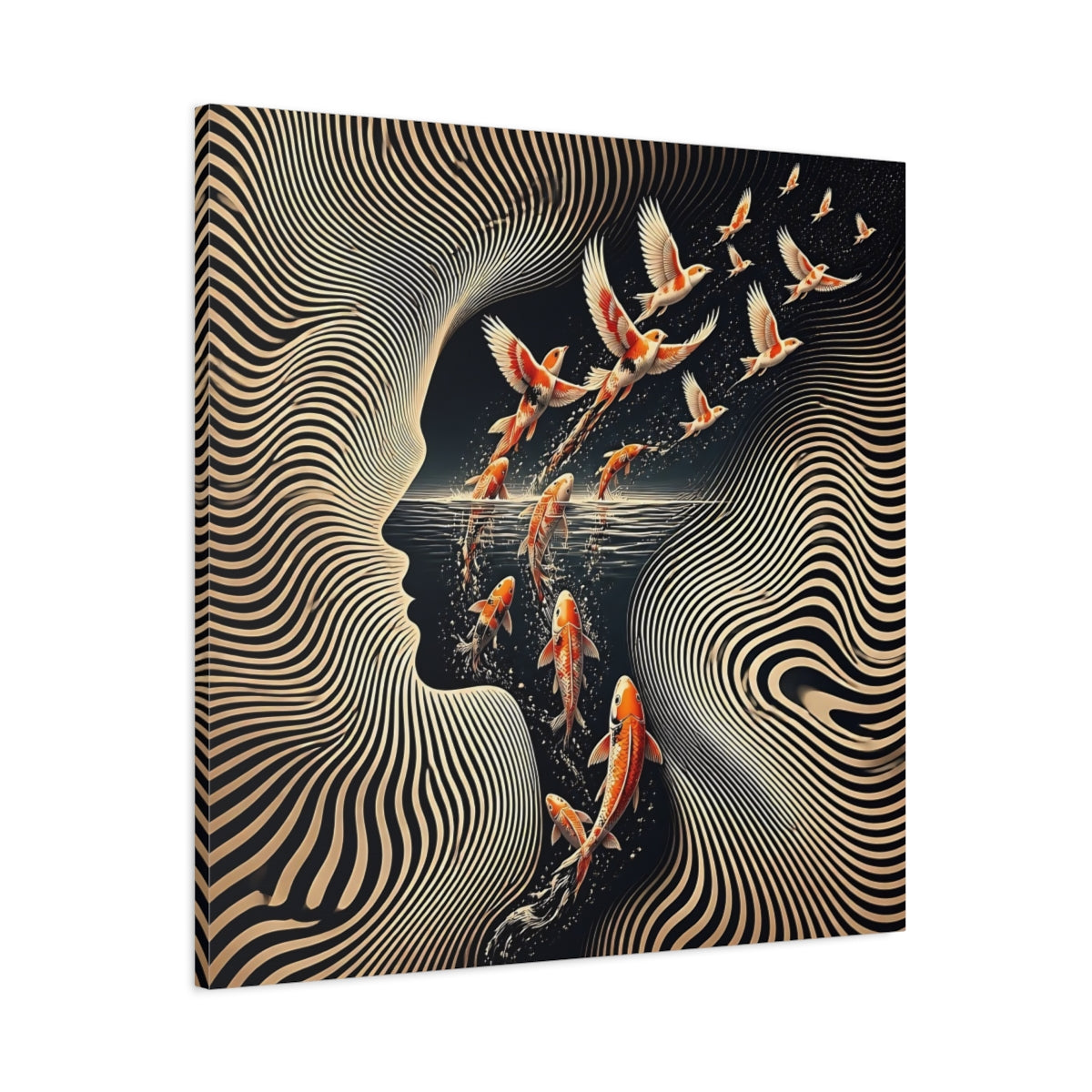 Main Mockup. Koi Becoming Birds shown as canvas print