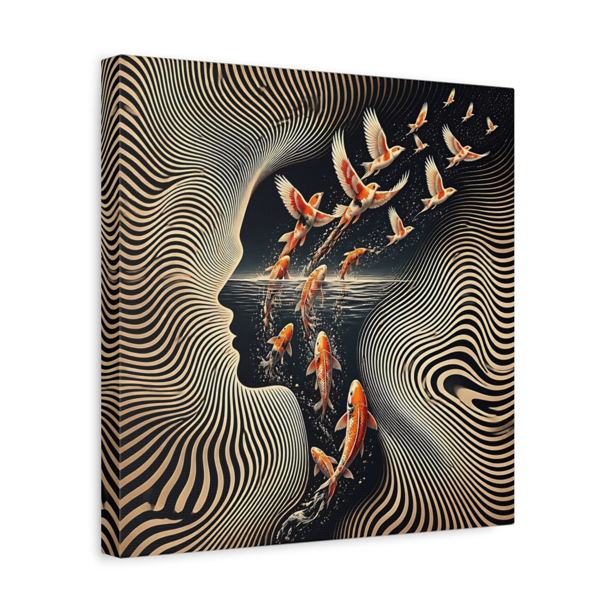 Side Mockup 7. Koi Becoming Birds shown as canvas print