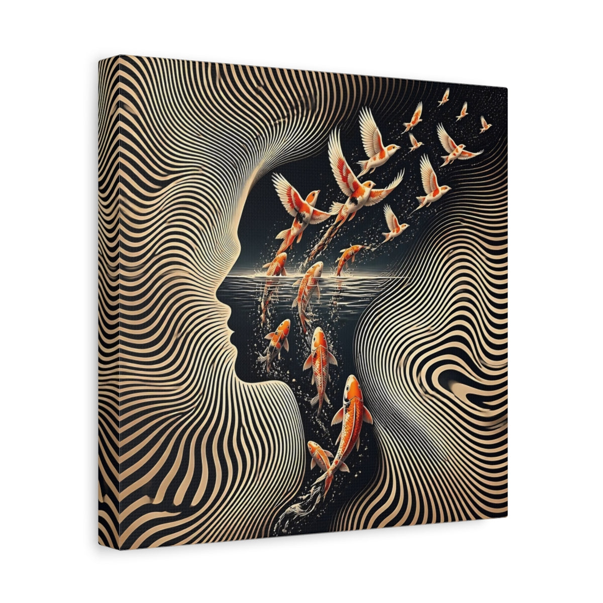 Side Mockup 8. Koi Becoming Birds shown as canvas print