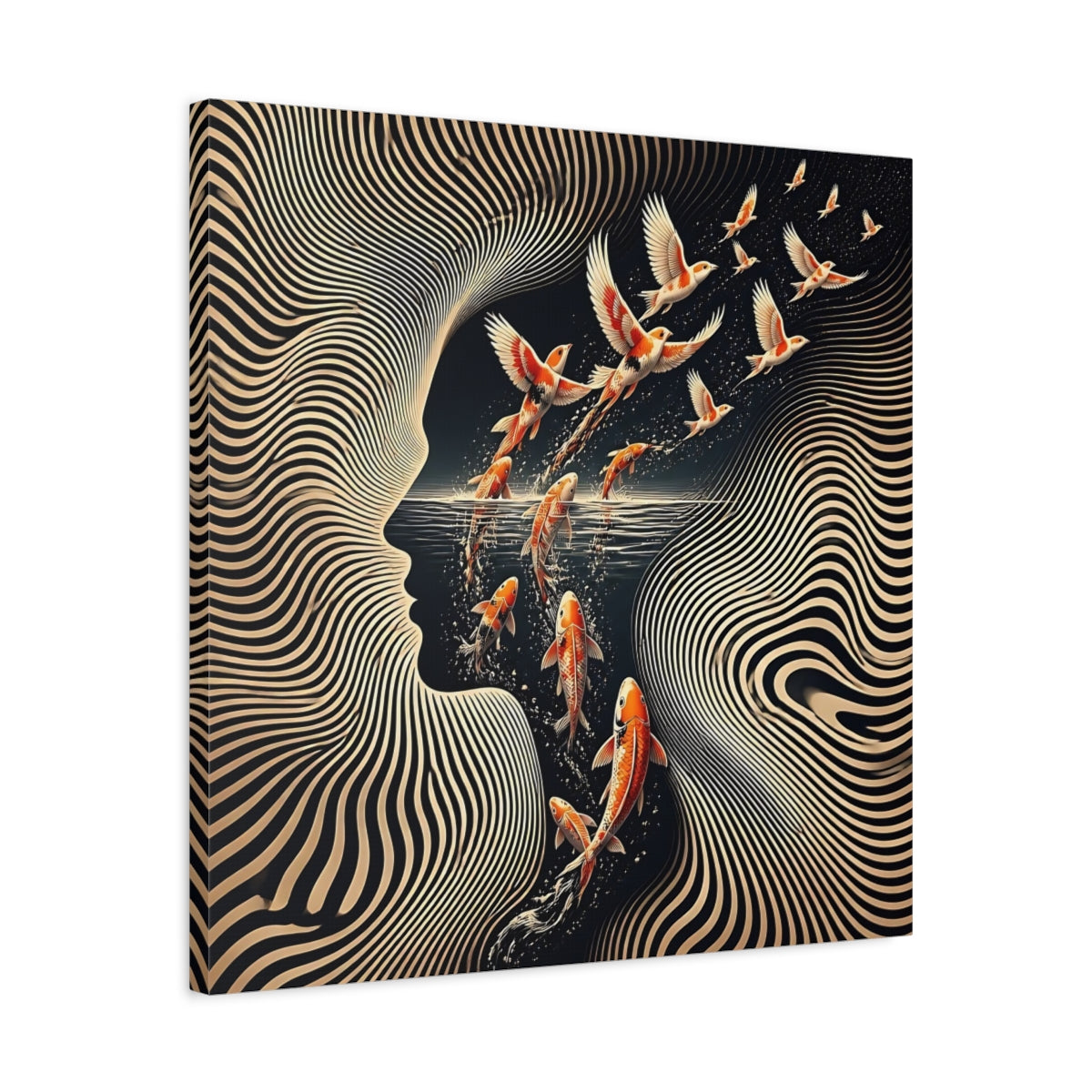 Side Mockup 4. Koi Becoming Birds shown as canvas print