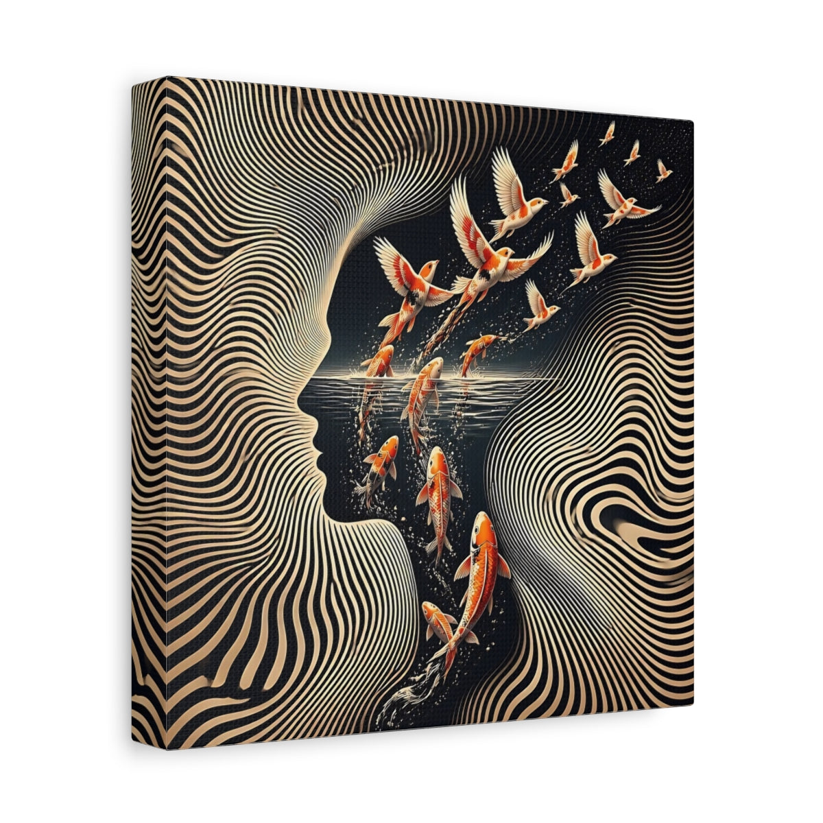 Side Mockup 9. Koi Becoming Birds shown as canvas print