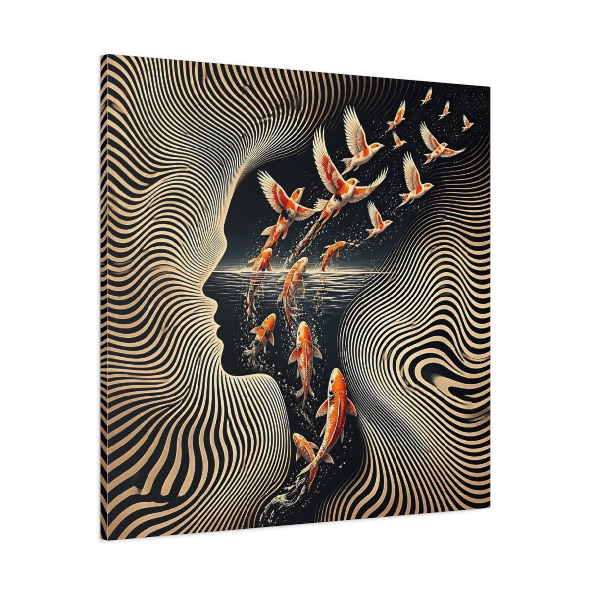 Side Mockup 1. Koi Becoming Birds shown as canvas print
