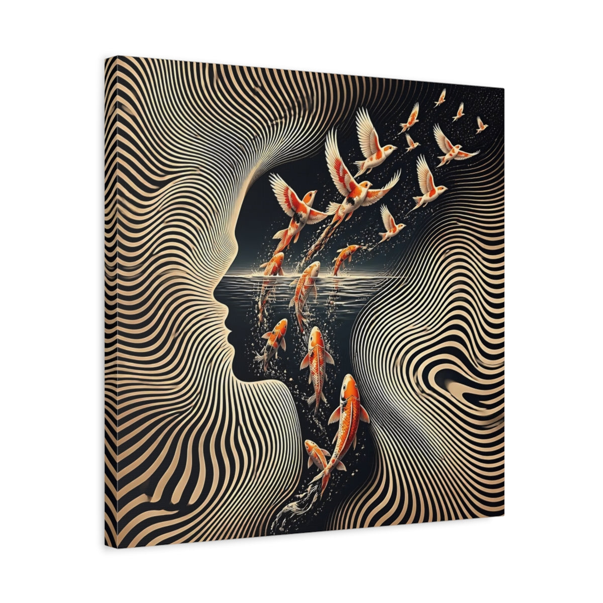 Side Mockup 5. Koi Becoming Birds shown as canvas print