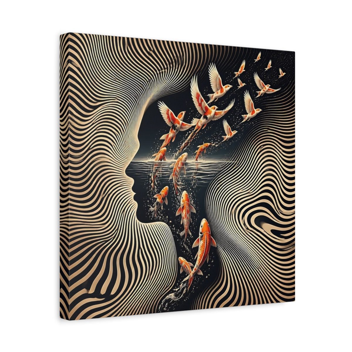 Side Mockup 6. Koi Becoming Birds shown as canvas print