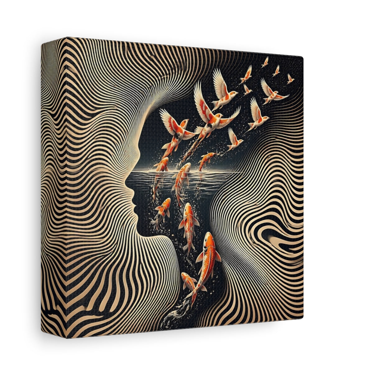 Side Mockup 2. Koi Becoming Birds shown as canvas print