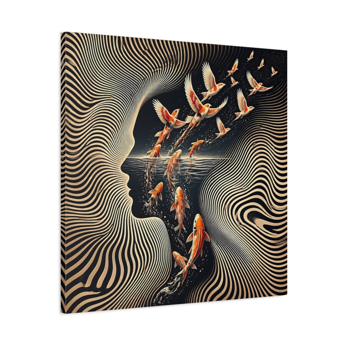 Side Mockup 3. Koi Becoming Birds shown as canvas print