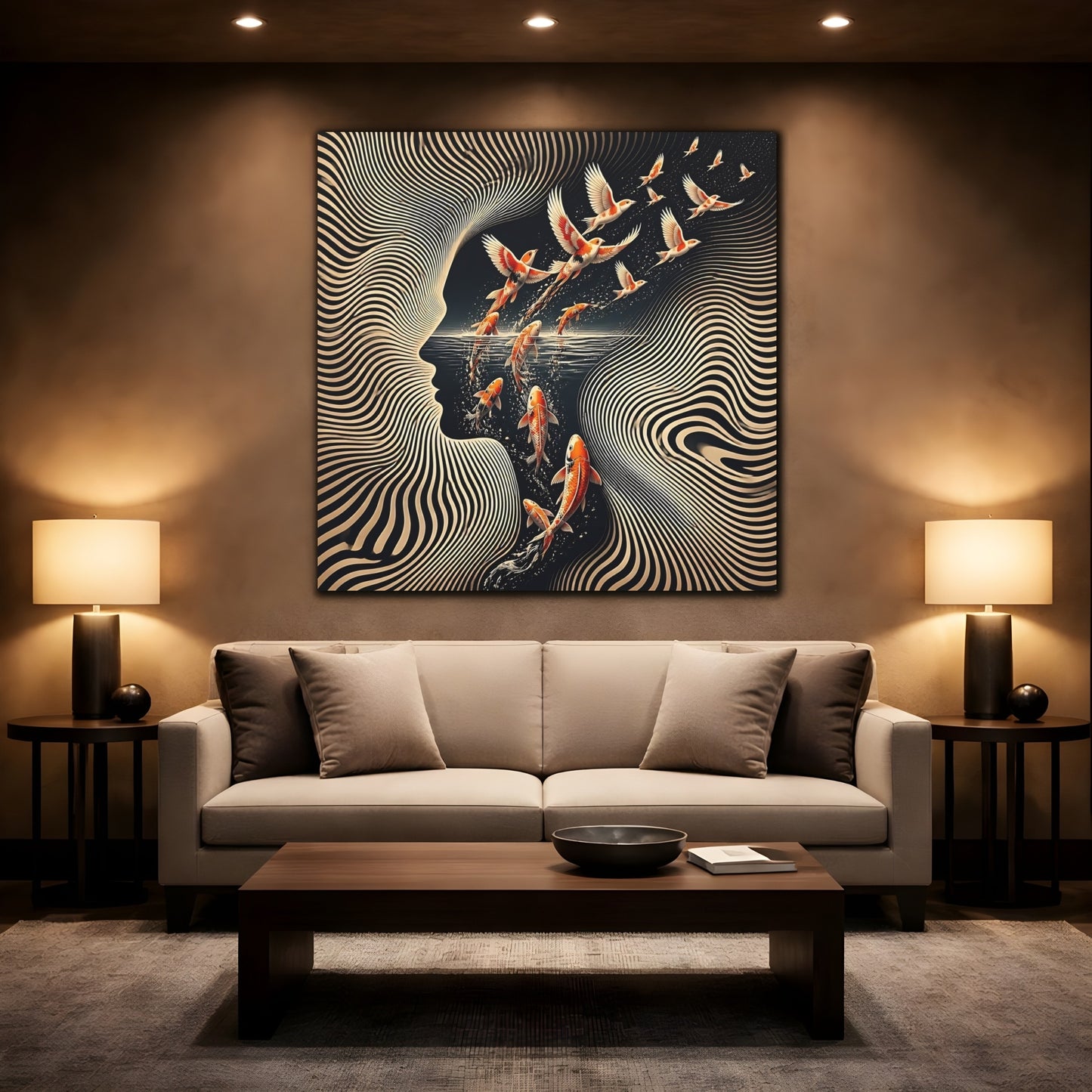 Mockup 2. Koi Becoming Birds shown as canvas print