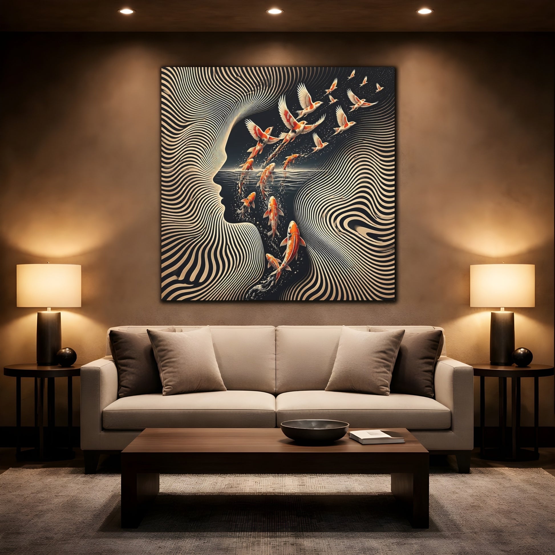 Mockup 2. Koi Becoming Birds shown as canvas print