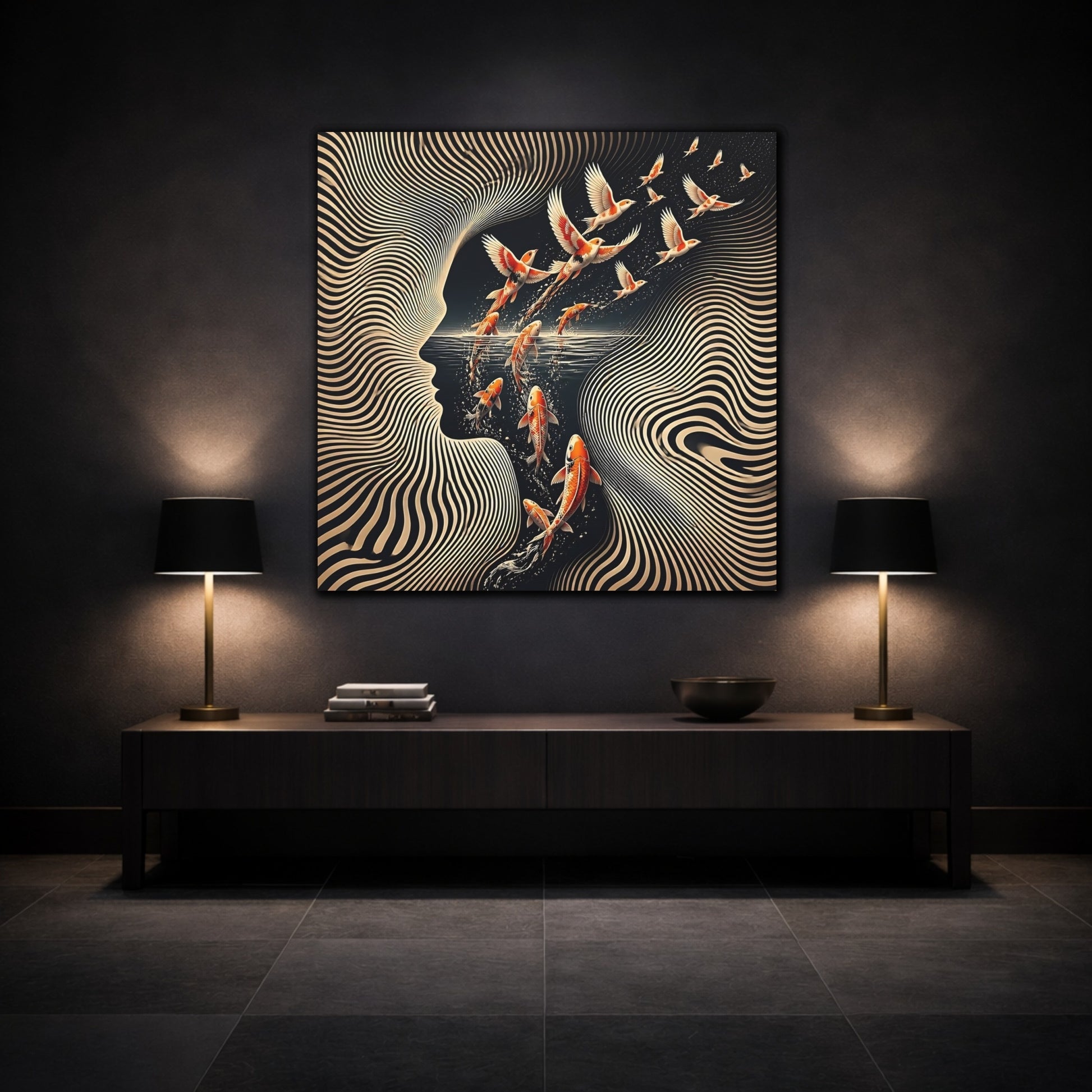 Mockup 3. Koi Becoming Birds shown as canvas print