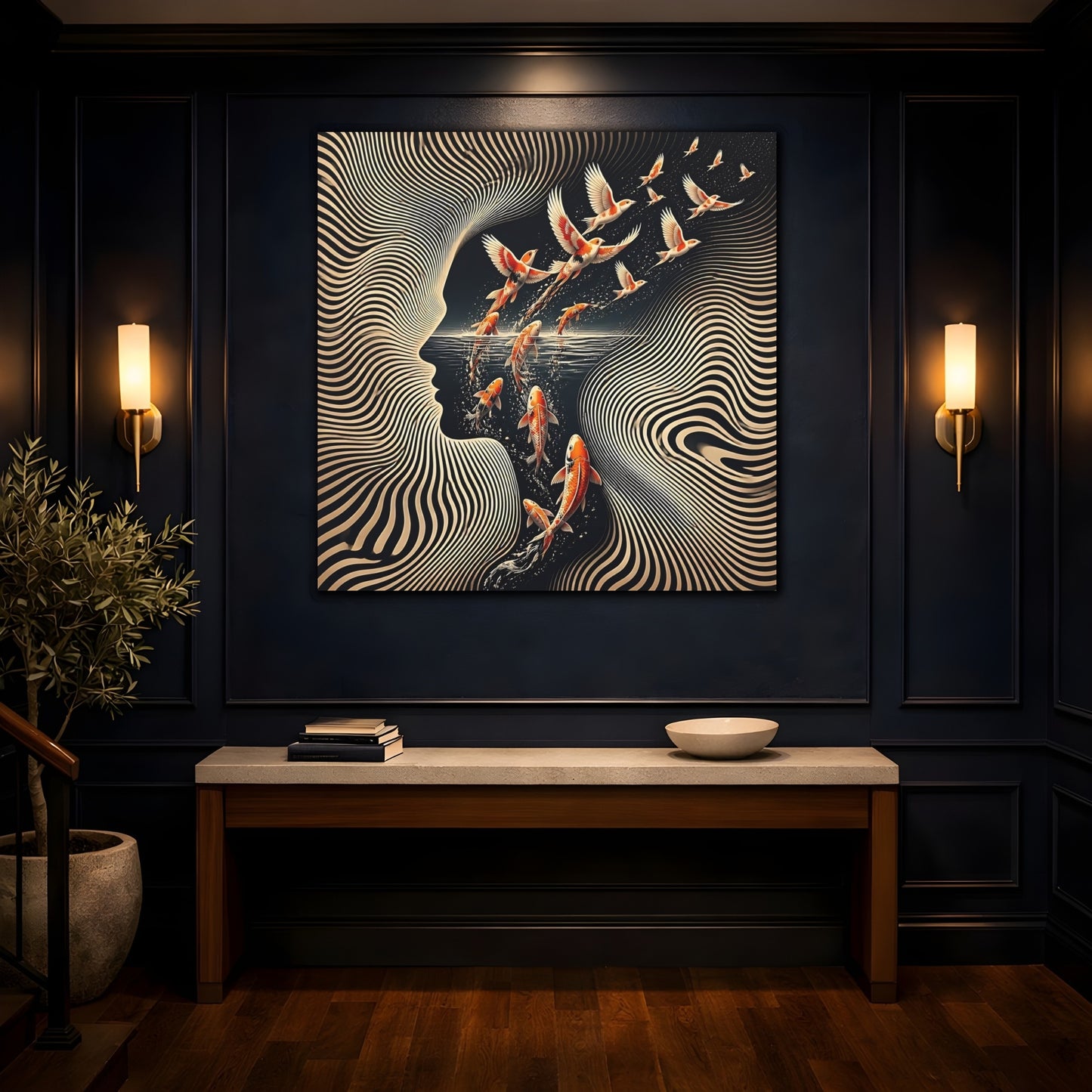 Mockup 4. Koi Becoming Birds shown as canvas print