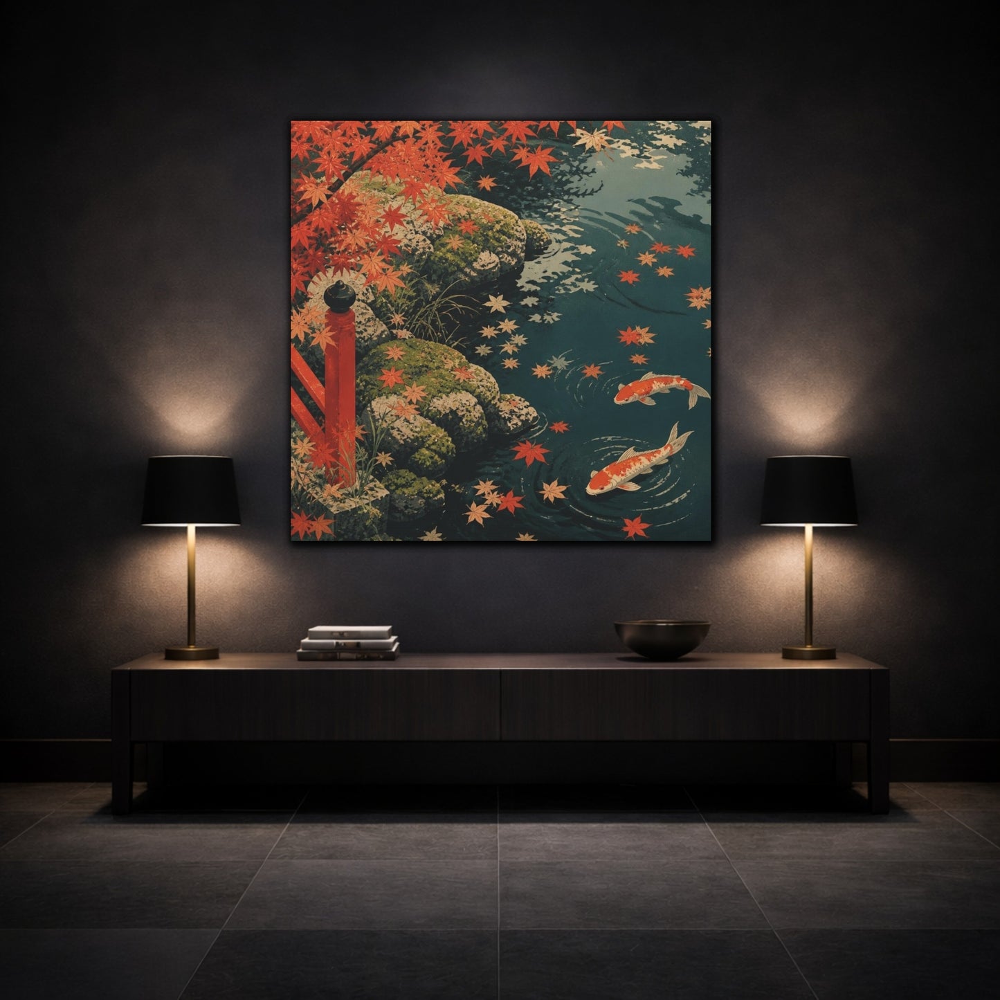 Mockup 3. Koi Pond Nature shown as canvas print