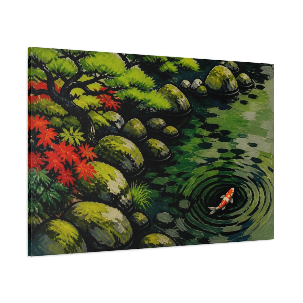 Side Mockup 1. Koi Pond Nature Scene shown as canvas print