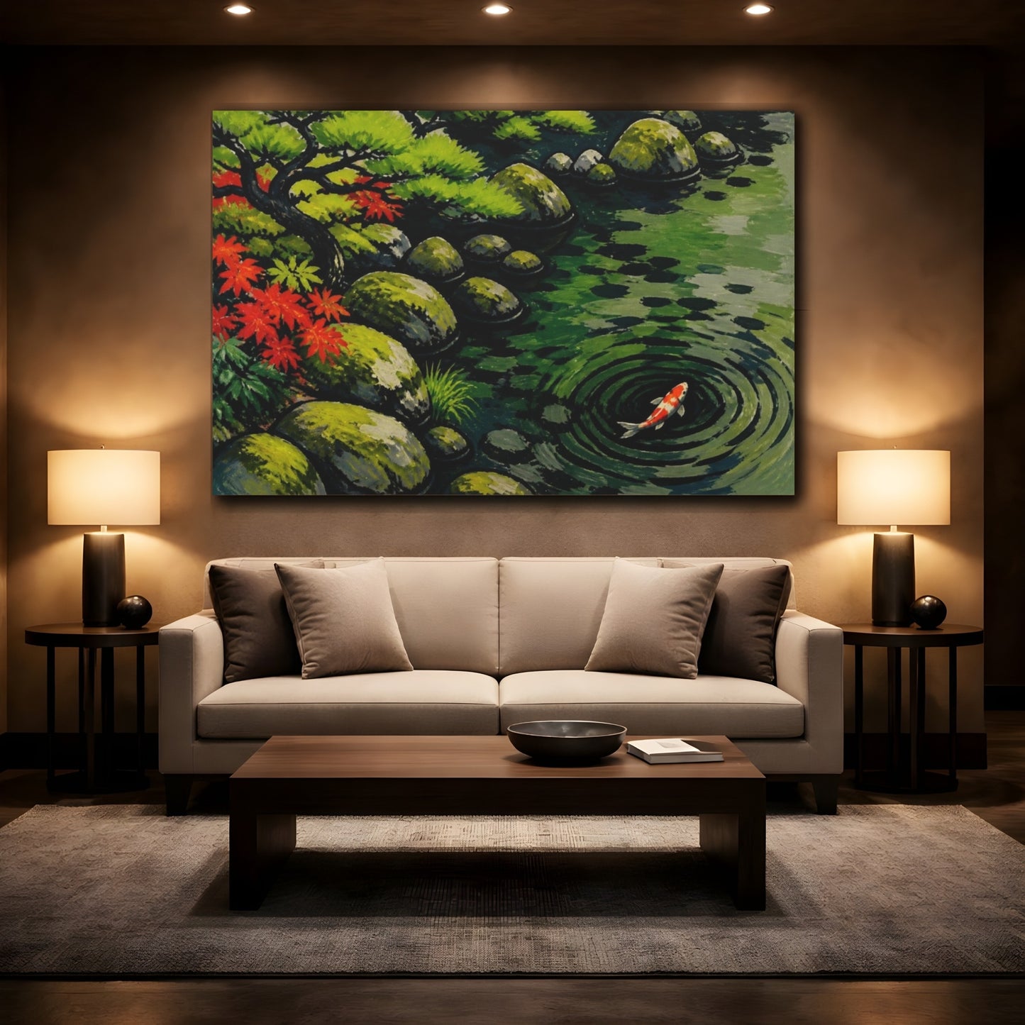 Mockup 2. Koi Pond Nature Scene shown as canvas print