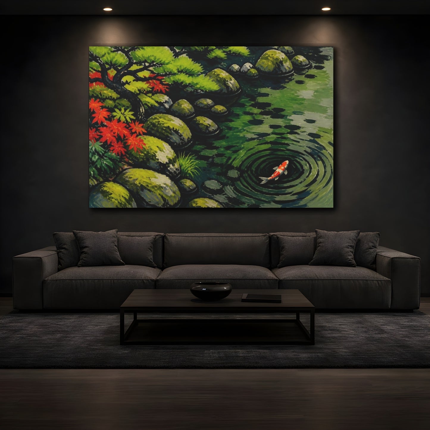 Mockup 3. Koi Pond Nature Scene shown as canvas print