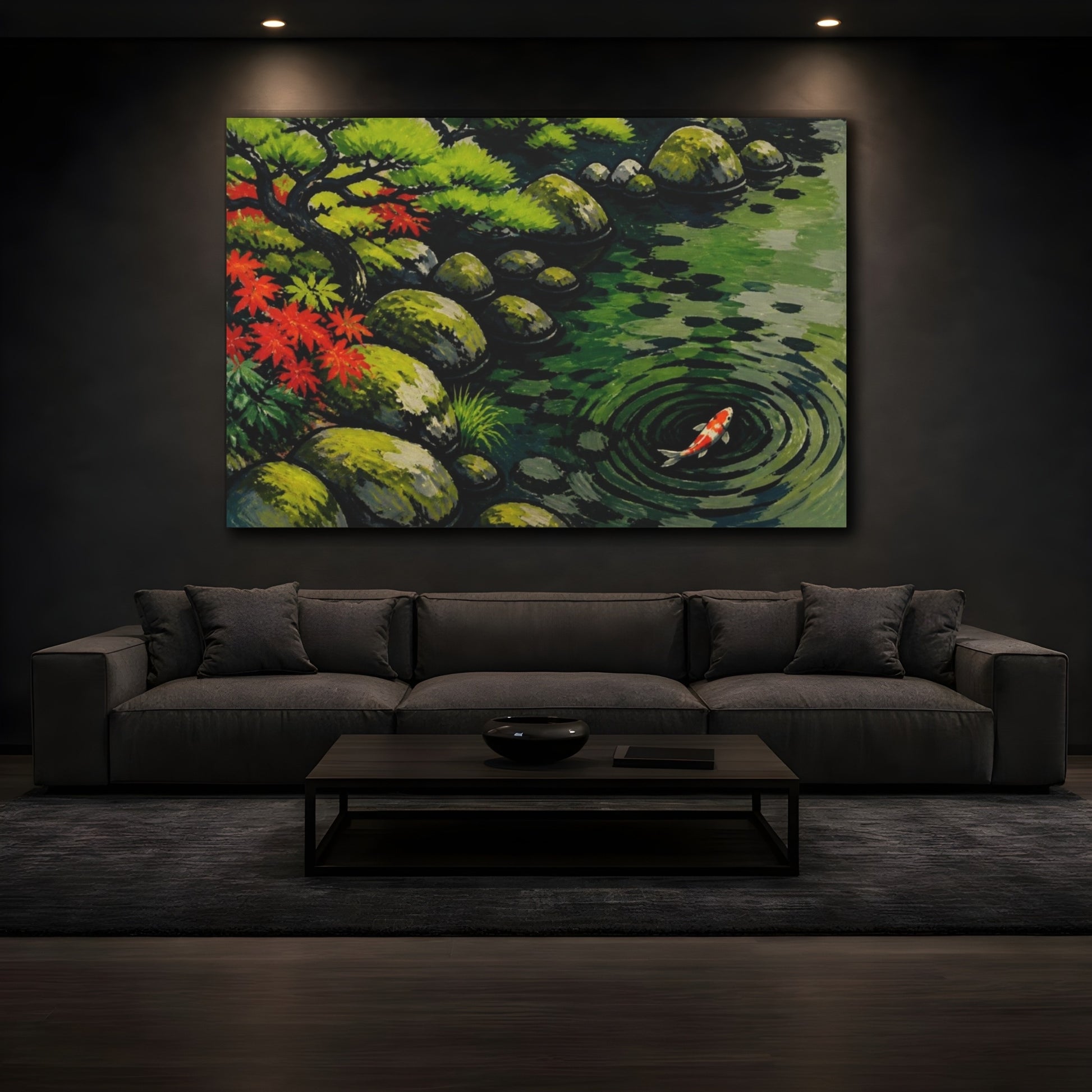 Mockup 3. Koi Pond Nature Scene shown as canvas print