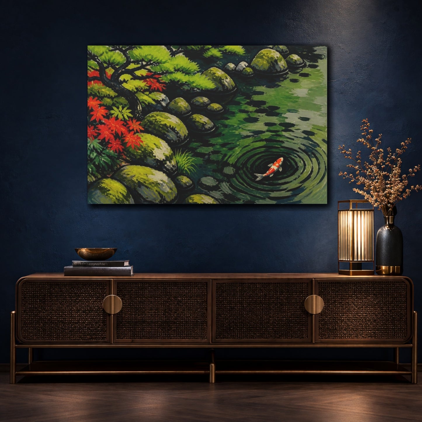 Mockup 4. Koi Pond Nature Scene shown as canvas print