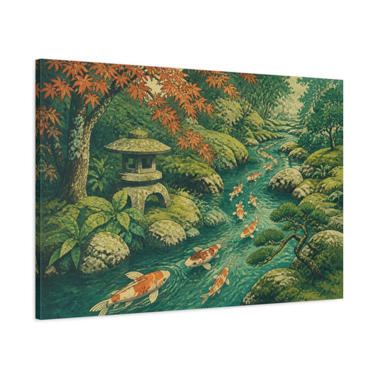 Main Mockup. Koi Stream In Moss Garden shown as canvas print