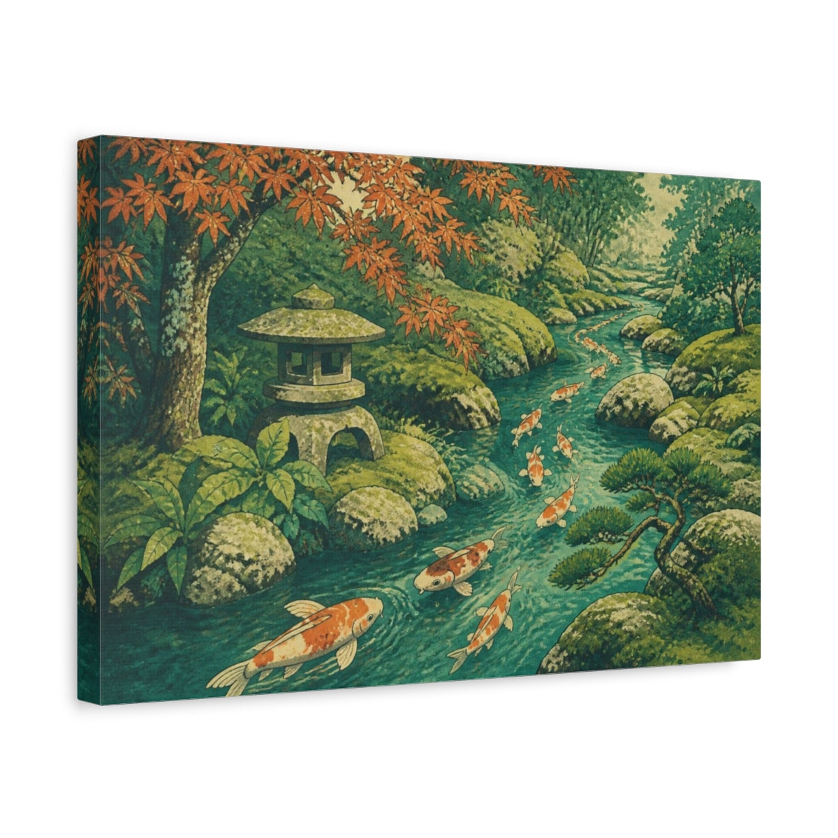 Side Mockup 4. Koi Stream In Moss Garden shown as canvas print