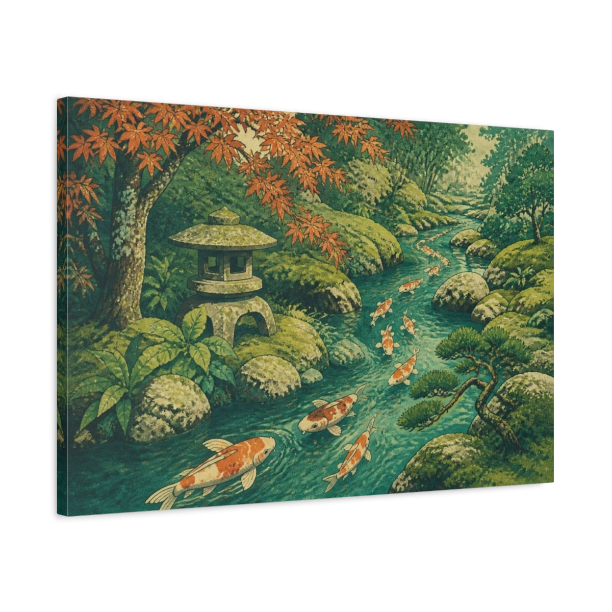 Side Mockup 2. Koi Stream In Moss Garden shown as canvas print