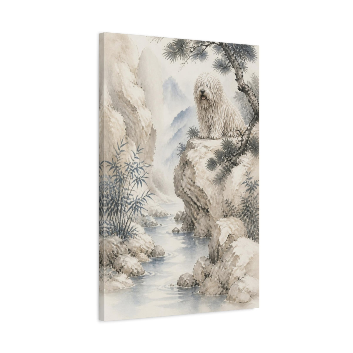 Side Mockup 2. Komondor Pet On Cliff shown as canvas print