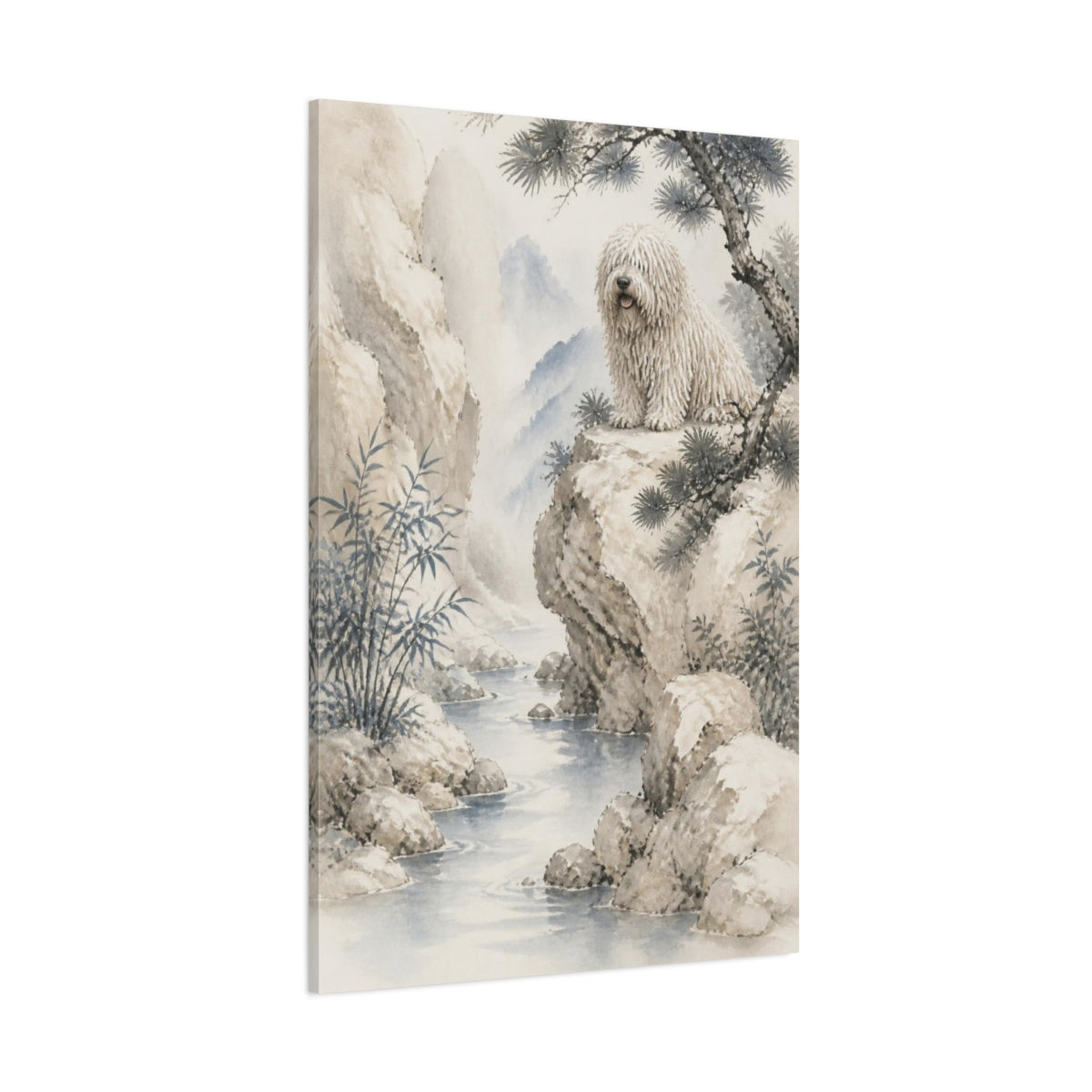 Side Mockup 1. Komondor Pet On Cliff shown as canvas print