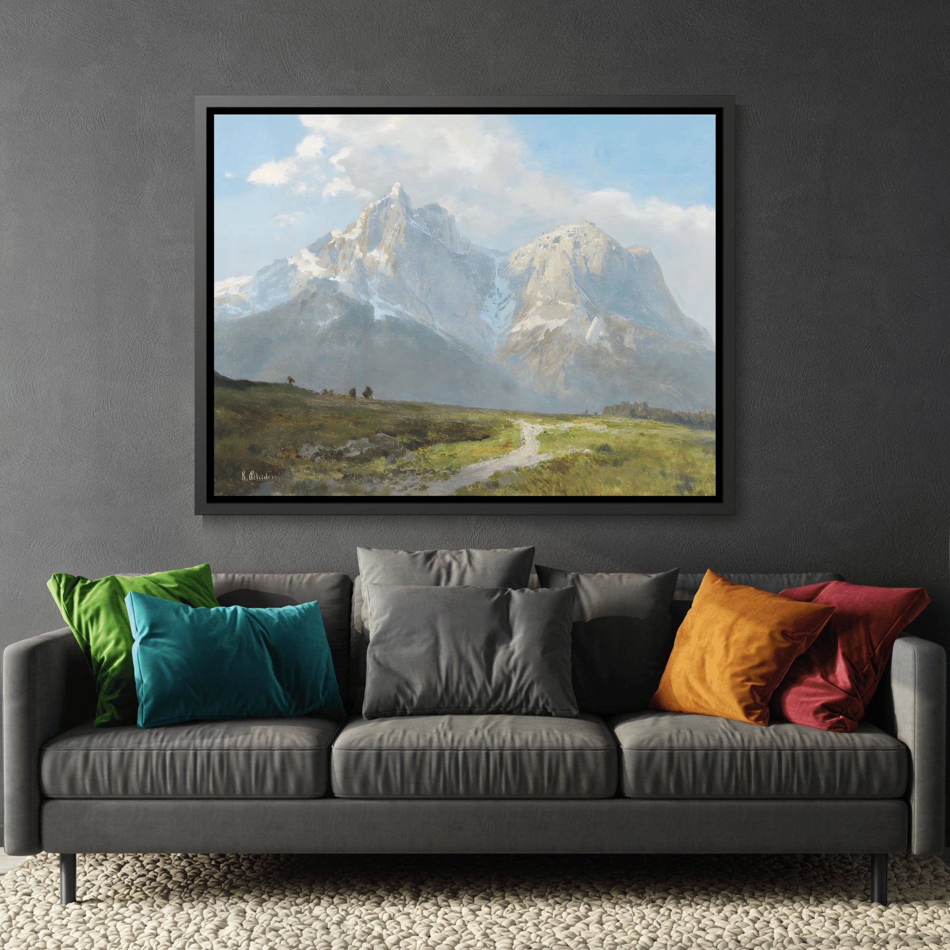 Konrad Petrides Mountain Landscape - Canvas Wall Art Print in Black Frame