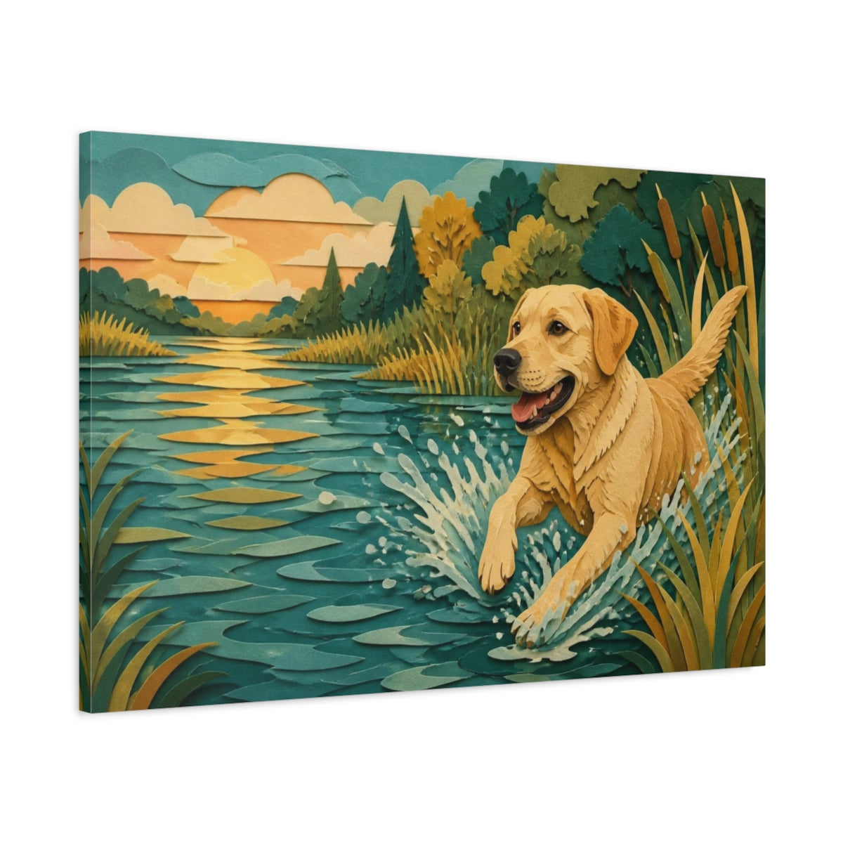 Main Mockup. Labrador Pets Lakeside Play shown as canvas print