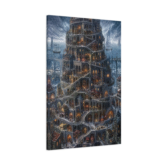 Main Mockup. Labyrinth Tower In Snow shown as canvas print