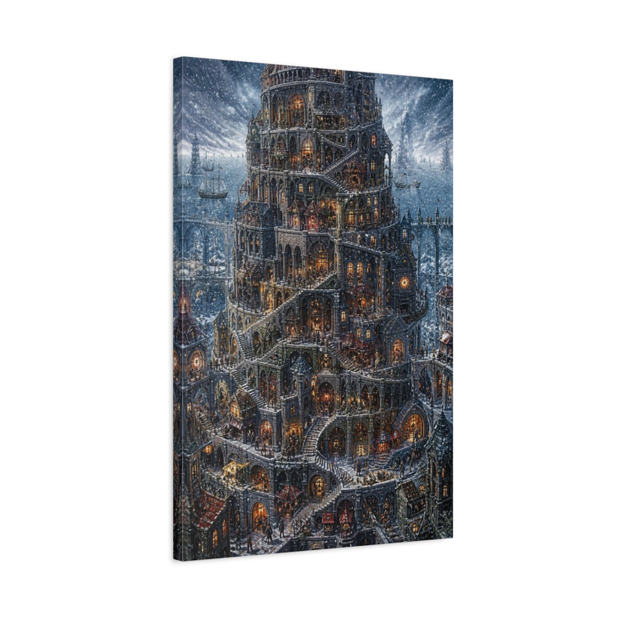 Side Mockup 2. Labyrinth Tower In Snow shown as canvas print