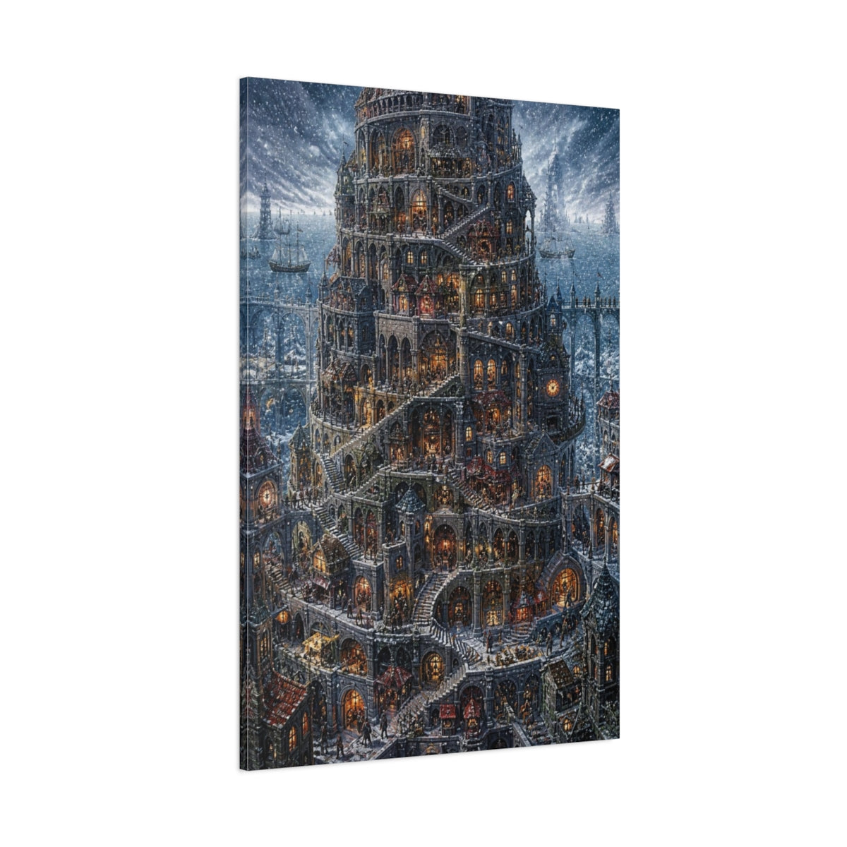 Side Mockup 1. Labyrinth Tower In Snow shown as canvas print