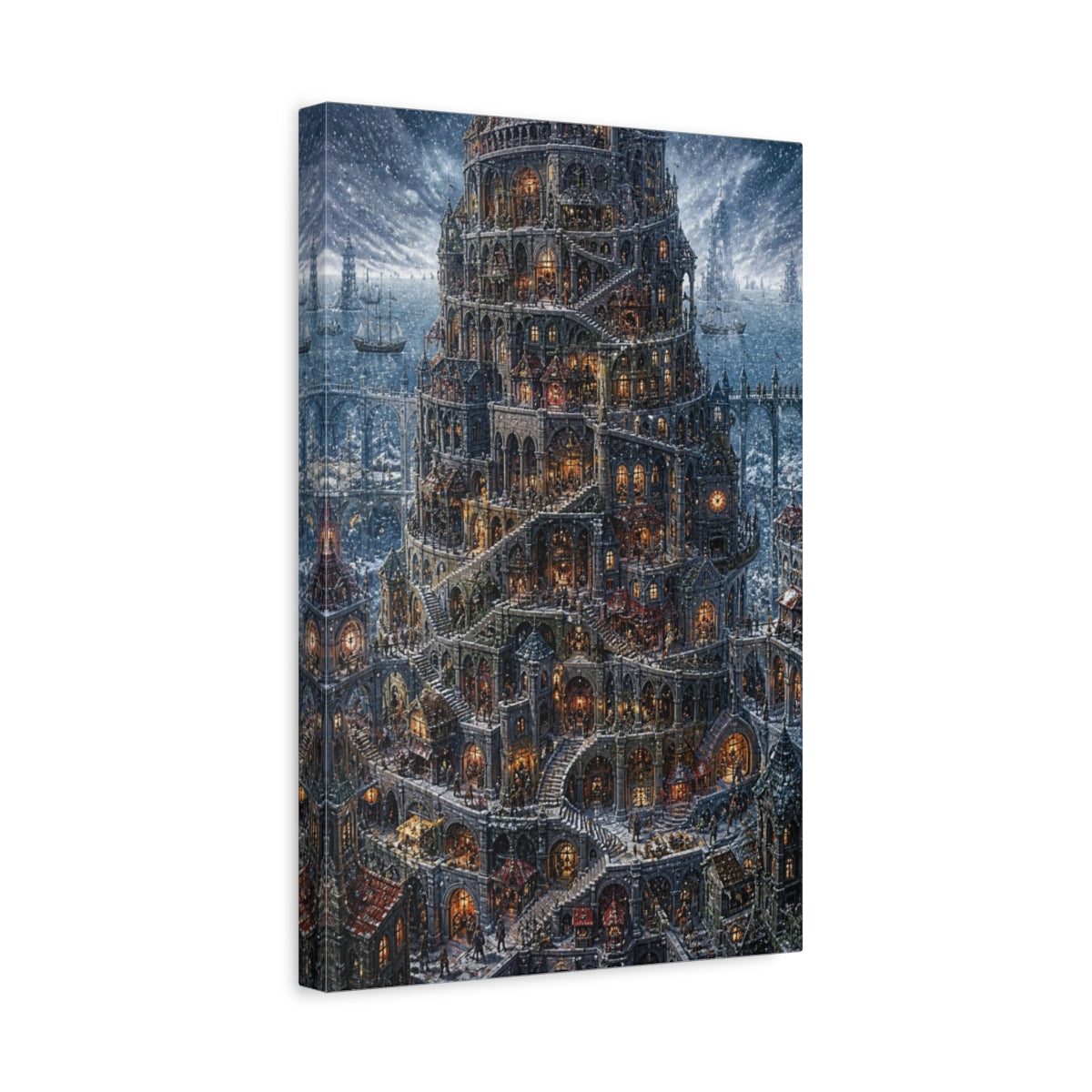 Side Mockup 4. Labyrinth Tower In Snow shown as canvas print