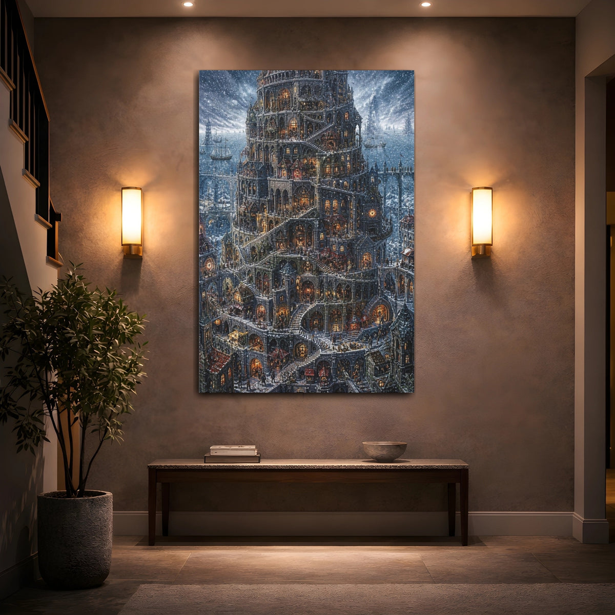 Mockup 2. Labyrinth Tower In Snow shown as canvas print