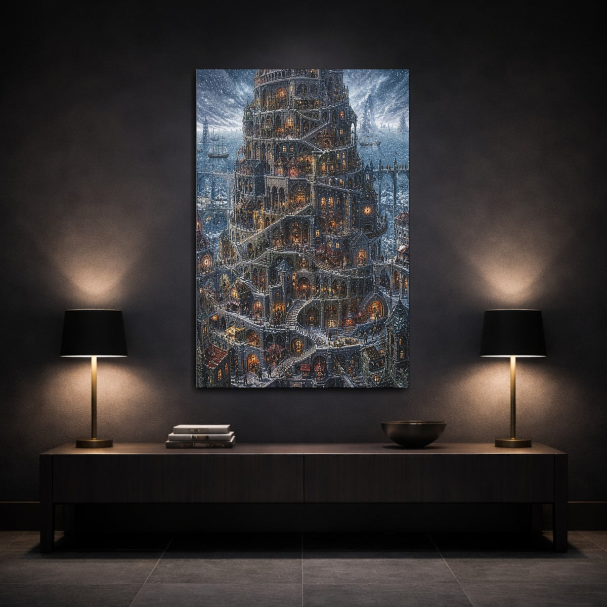 Mockup 3. Labyrinth Tower In Snow shown as canvas print