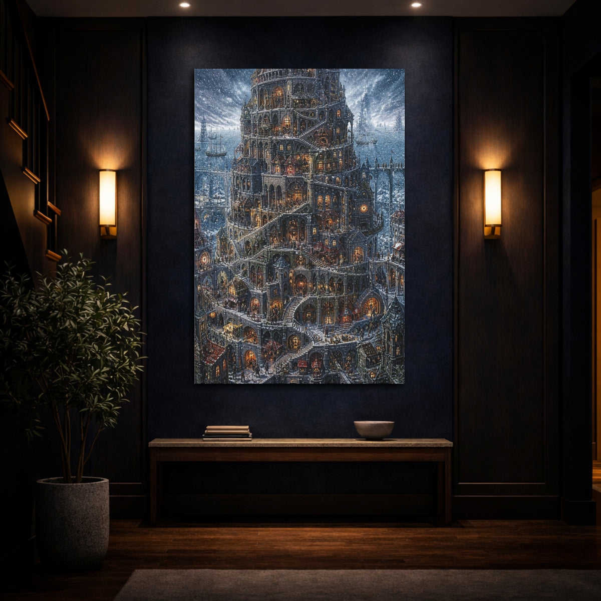 Mockup 4. Labyrinth Tower In Snow shown as canvas print
