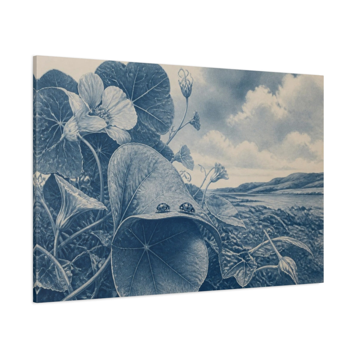 Side Mockup 1. Ladybirds On Nasturtium Leaf shown as canvas print