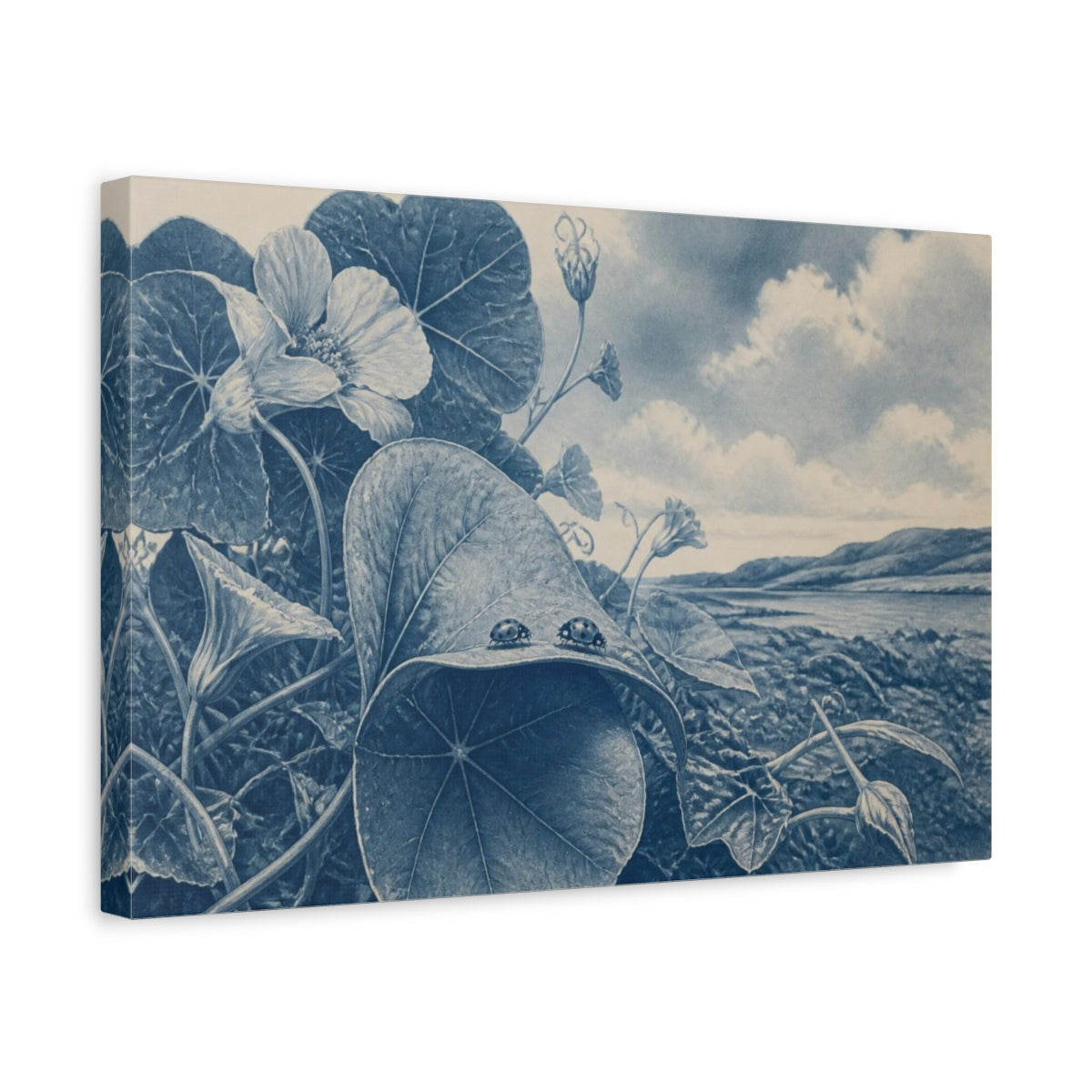 Side Mockup 4. Ladybirds On Nasturtium Leaf shown as canvas print