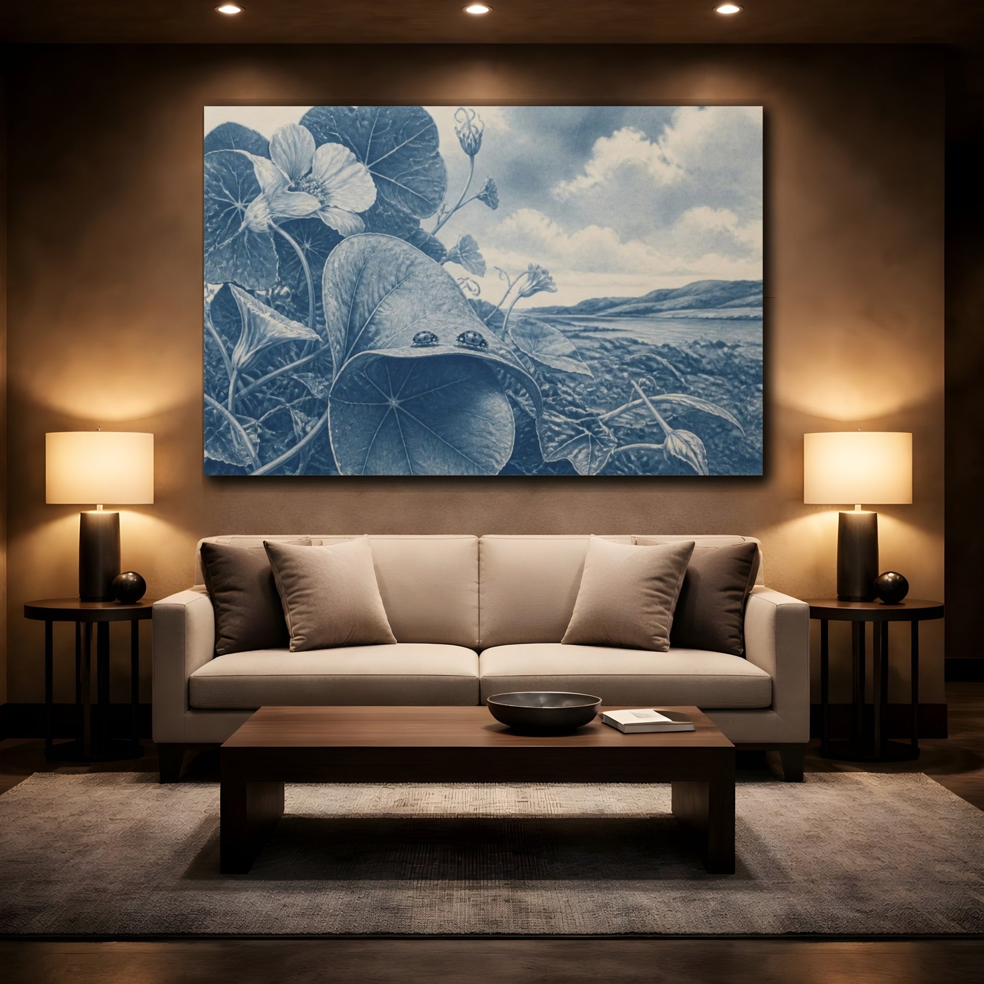 Mockup 2. Ladybirds On Nasturtium Leaf shown as canvas print
