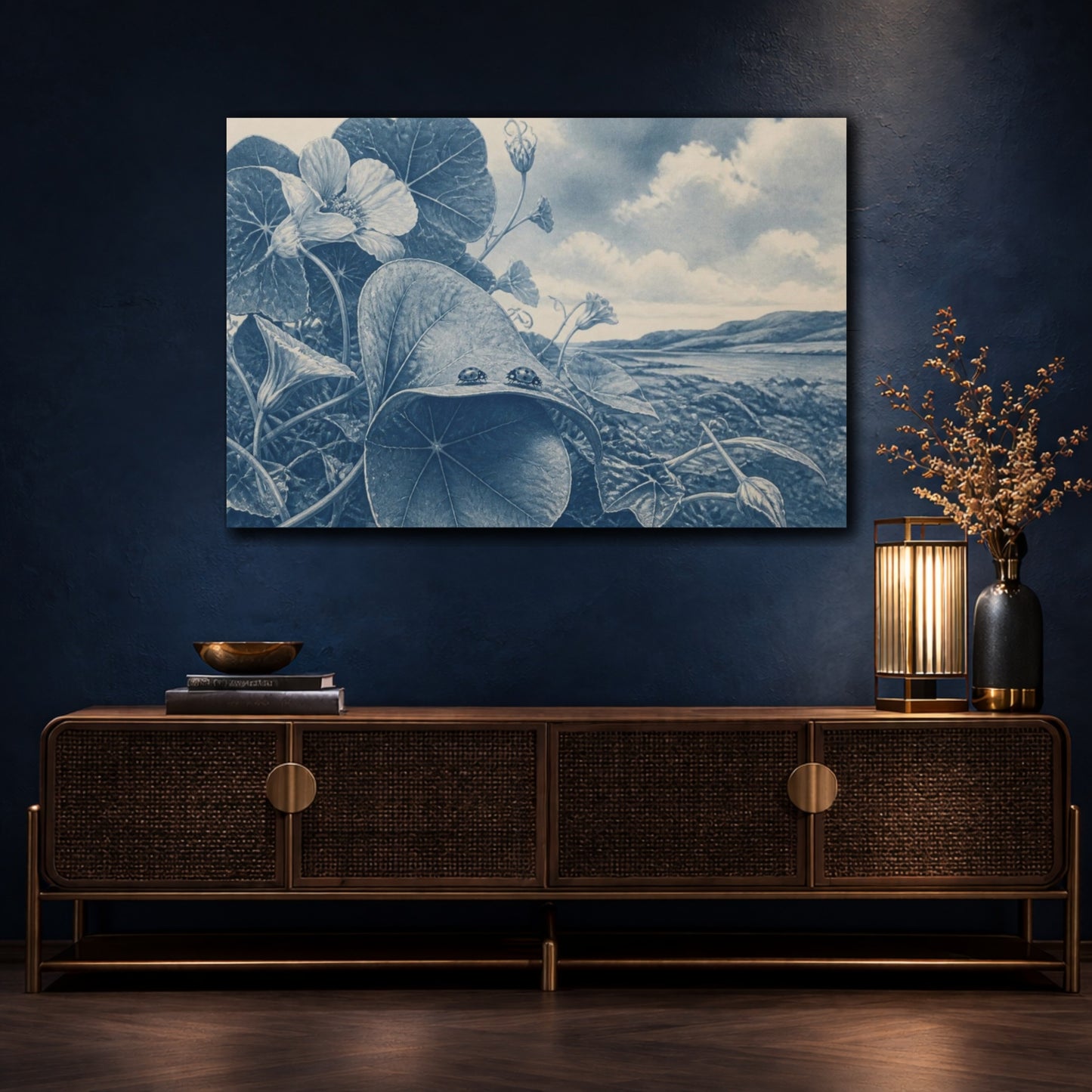 Mockup 4. Ladybirds On Nasturtium Leaf shown as canvas print