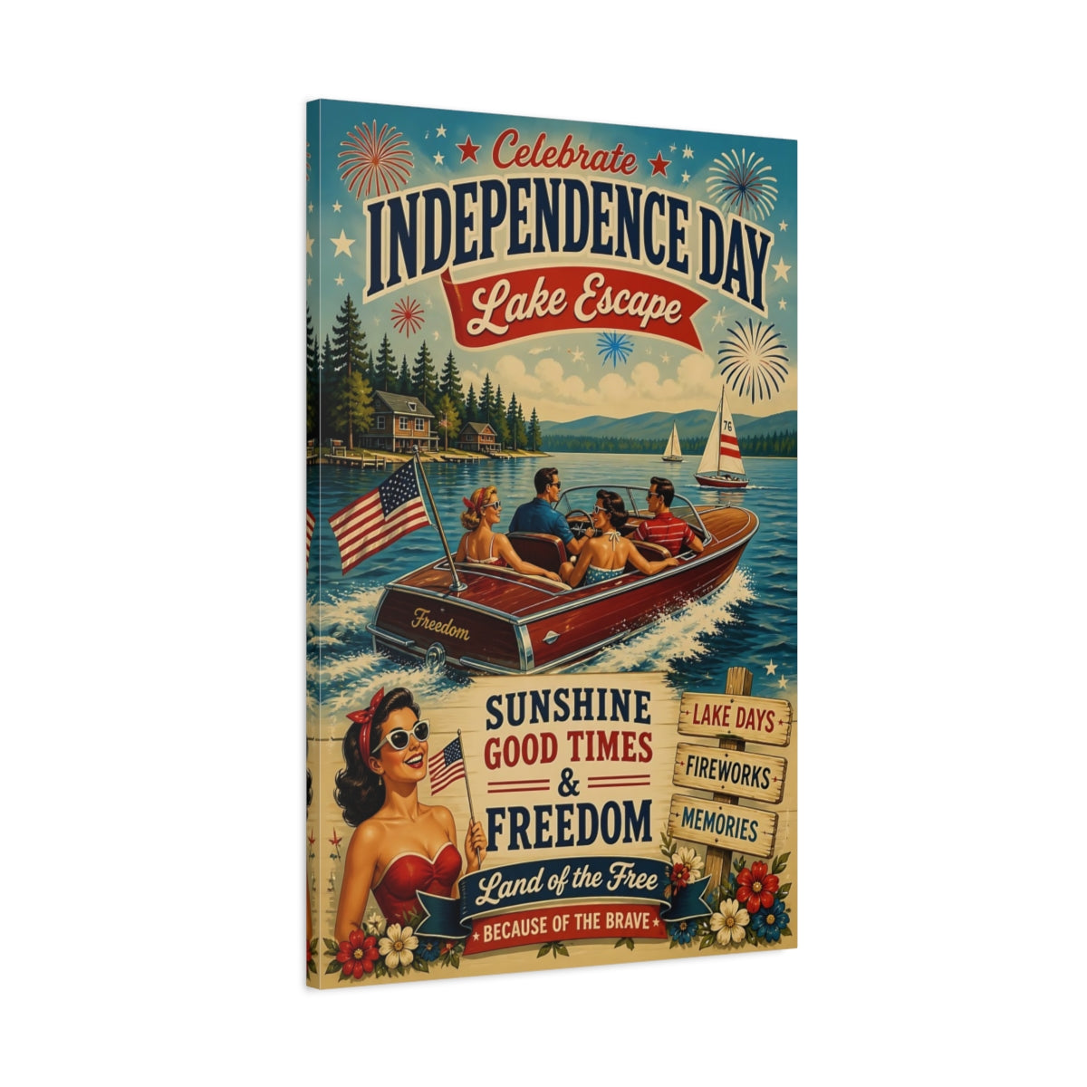 Main Mockup. Lake Motorboat Celebration shown as canvas print