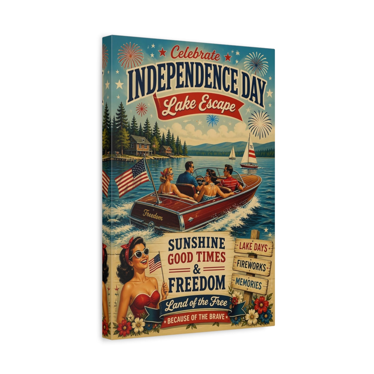 Side Mockup 4. Lake Motorboat Celebration shown as canvas print