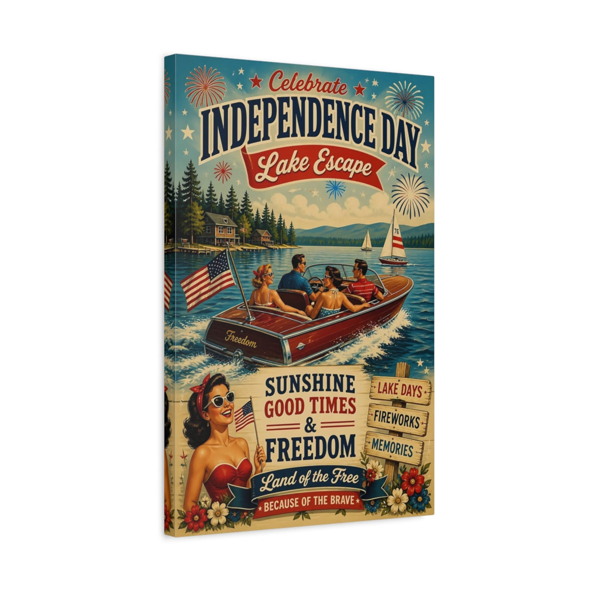 Side Mockup 3. Lake Motorboat Celebration shown as canvas print