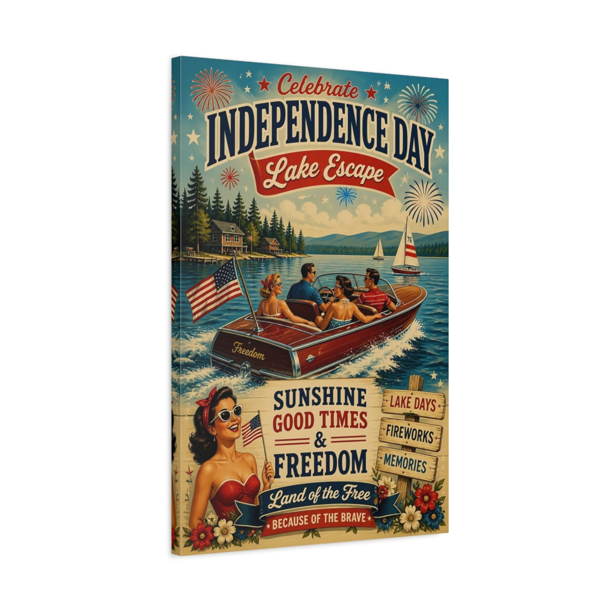 Side Mockup 2. Lake Motorboat Celebration shown as canvas print